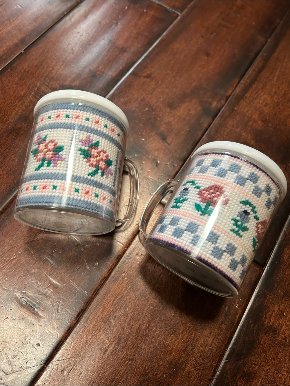 Floral Needlepoint Accent Plastic Mugs — Set of 2 (White, Pastel Floral)